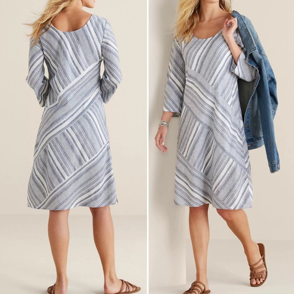 Soft Surroundings Sonya Linen Dress Beachy White & Blue Stripes Size Medium NWT